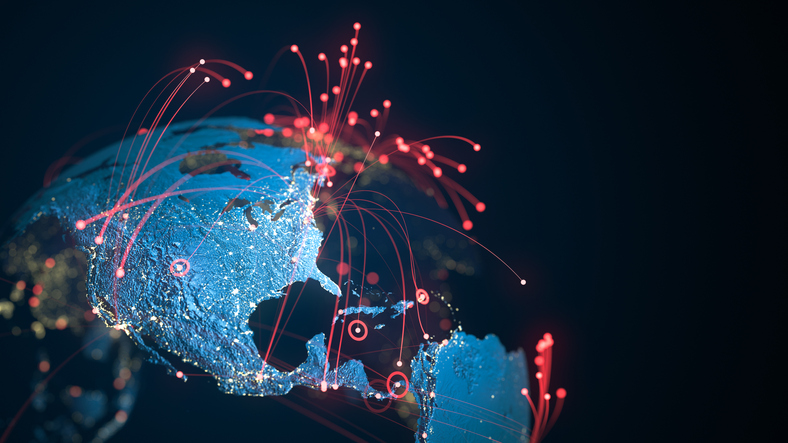 North And South America – Red Connection Lines – Copy Space – Global Business, Pandemic, Computer Virus